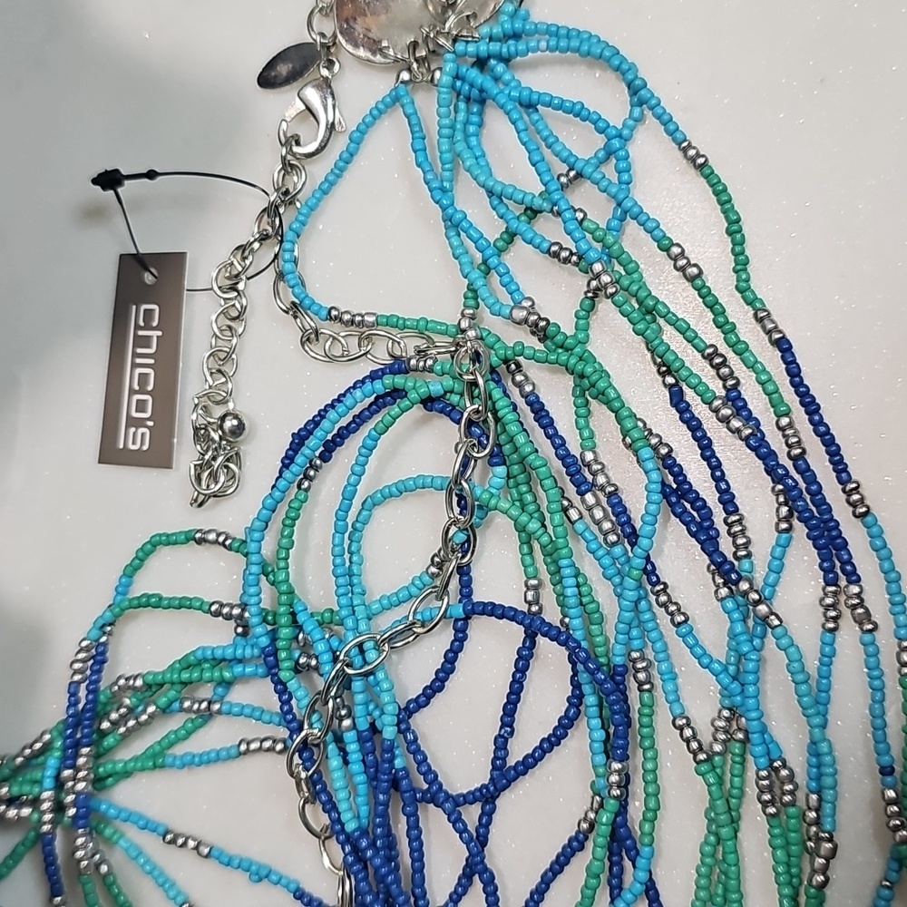 Chico's Blue and Green Beaded Necklace With Silvertone Hardware - Picture 3 of 5